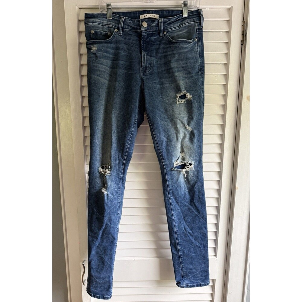 Pacsun Mens 32x32 Stacked Skinny Jeans Blue Distressed Ripped Grunge Emo Rocker